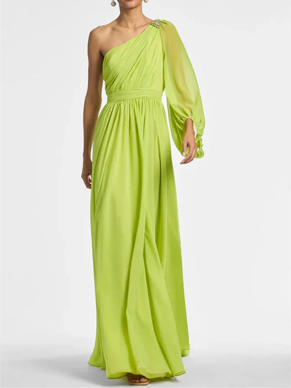 Luolandi A Line One Shoulder Floor-Length Evening Dress with Ruffles Party Dress